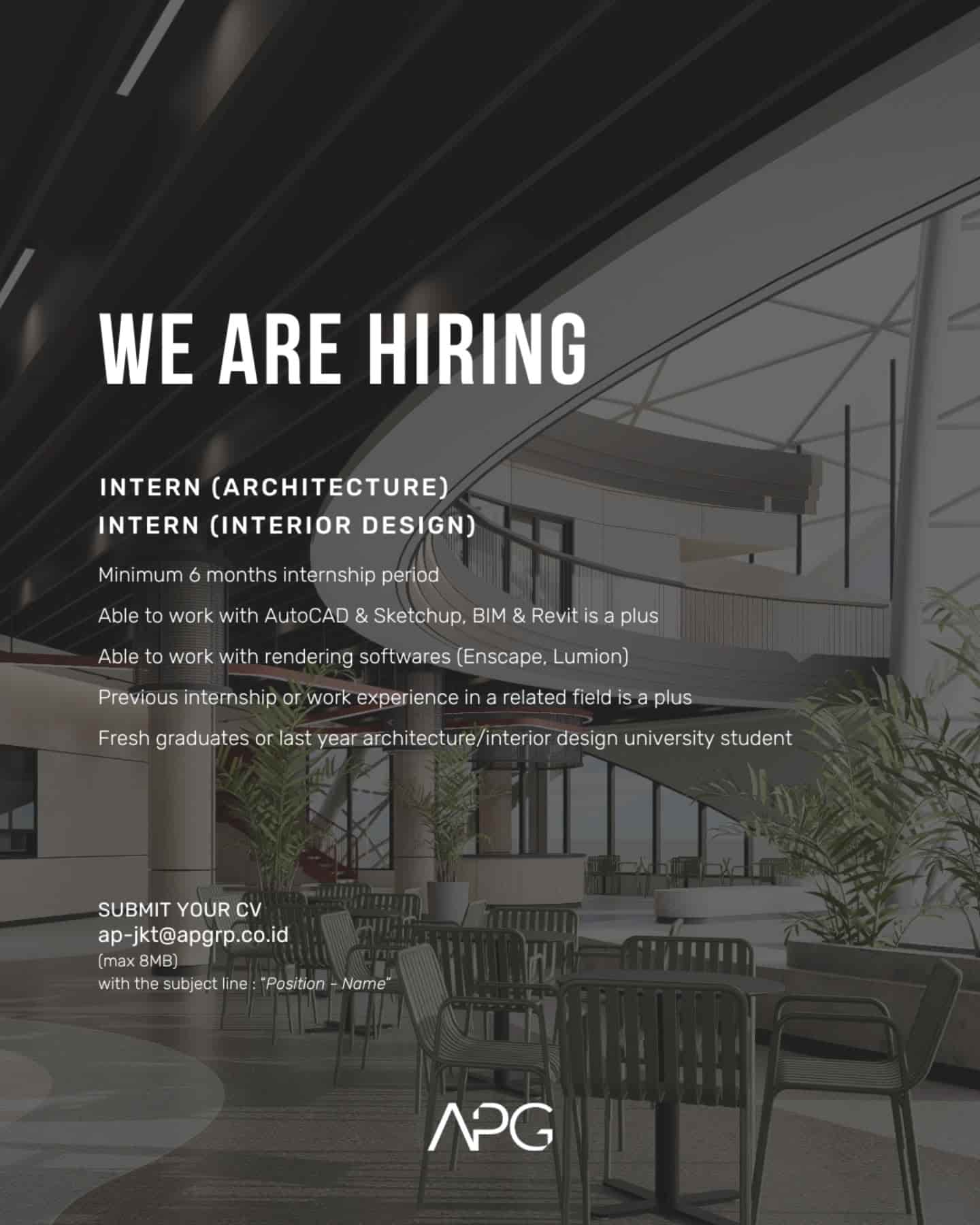 Poster Lowongan Magang Architecture & Interior Design Intern di APG - Jakarta (Mahasiswa & Fresh Graduate)